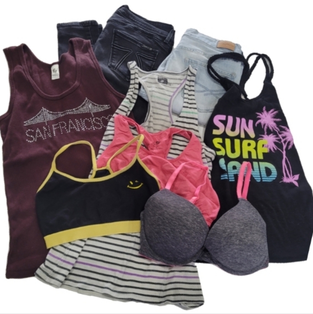 8 Piece Bundle Size Small (6) Striped Tank Top  Black Gray Purple Print Jeans